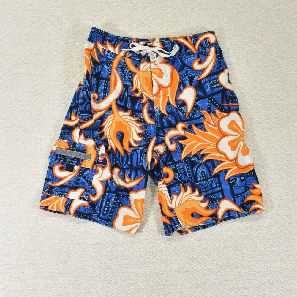 Quiksilver Boys M 6/7 Boardshorts Blue Neon Orange Hawaiian Tribal Surf Shorts